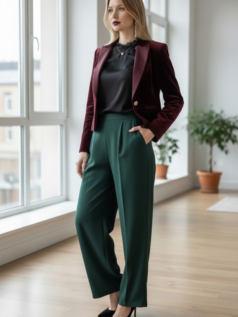 Emerald Green Straight-Leg Dress Pants
